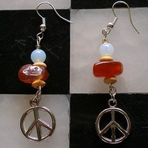Carnelian Moonstone Gemstone Peace Earrings Handcrafted OoaK Wood Tibetan Silver